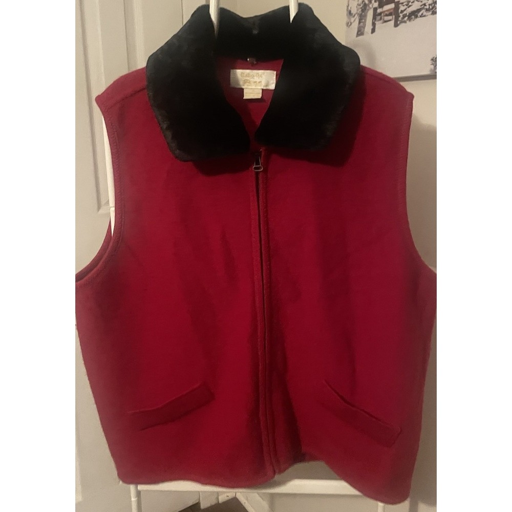 Vtg Tally Ho Wool Vest Women's Size 1X Red Faux Fur Removable Collar 100% Wool